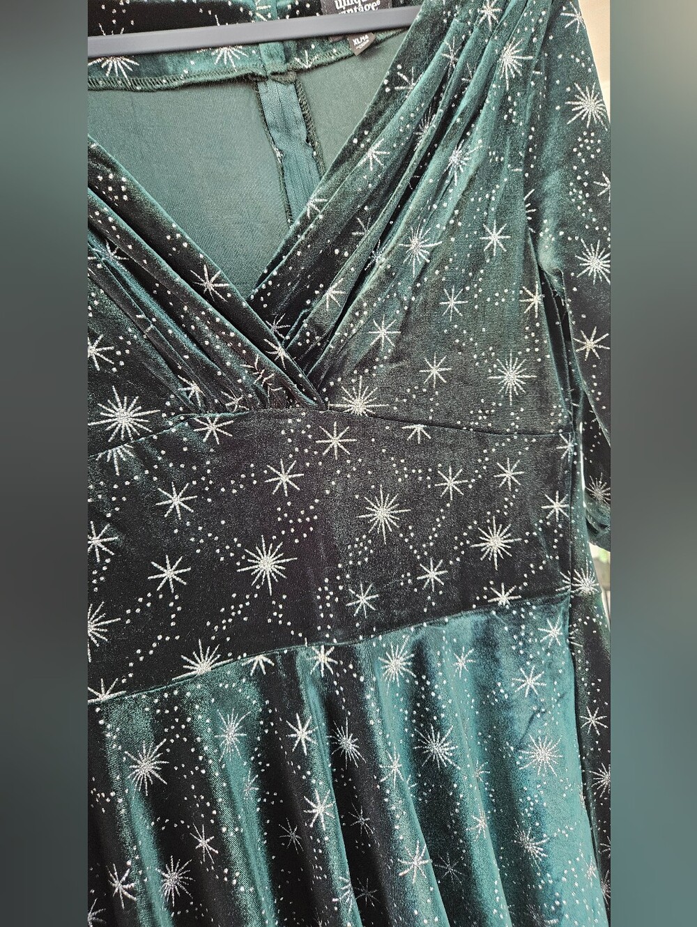 Unique Vintage Delores Velvet Celestial Swing Dress Green Silver Stars XL 14 - Picture 4 of 14